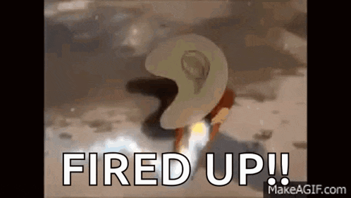 a cartoon character is flying through the air with the words fired up .