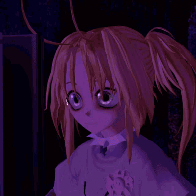 a computer generated image of a girl with purple hair and a ponytail