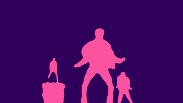 a purple background with pink silhouettes of people jumping off a cliff