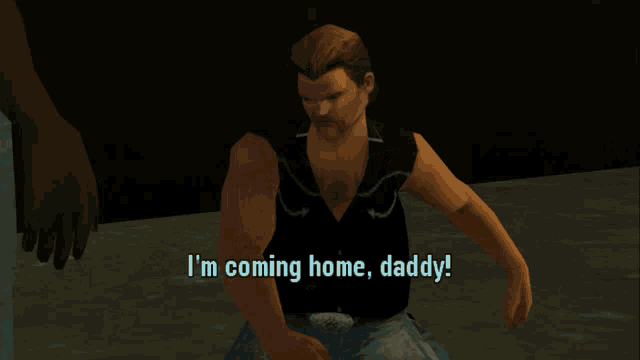 a man in a video game is kneeling down and says i 'm coming home daddy