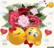 two smiley faces are kissing each other in front of a bouquet of roses .