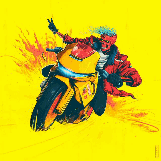 a colorful illustration of a man riding a motorcycle with a peace sign