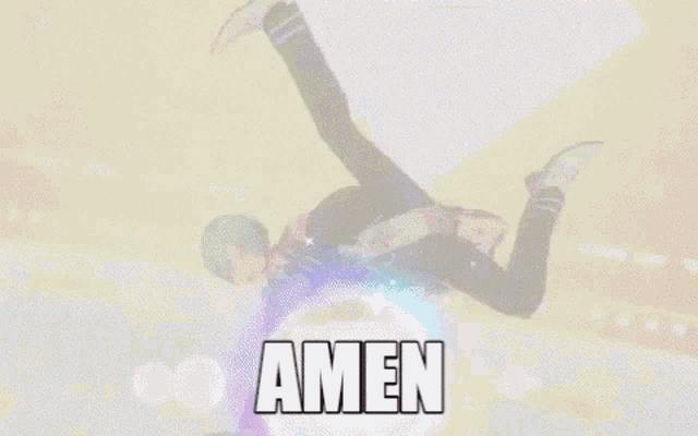 a cartoon character is flying through the air with the word amen written on the screen .