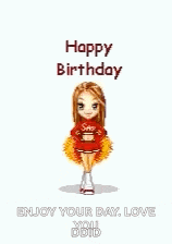 a cheerleader is holding pom poms in her hands and says `` happy birthday '' .