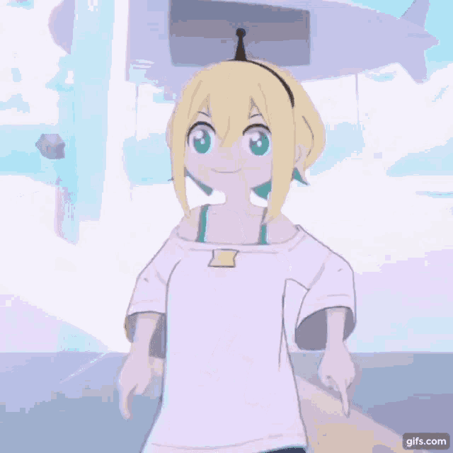 a cartoon girl with yellow hair and green eyes is pointing at something .