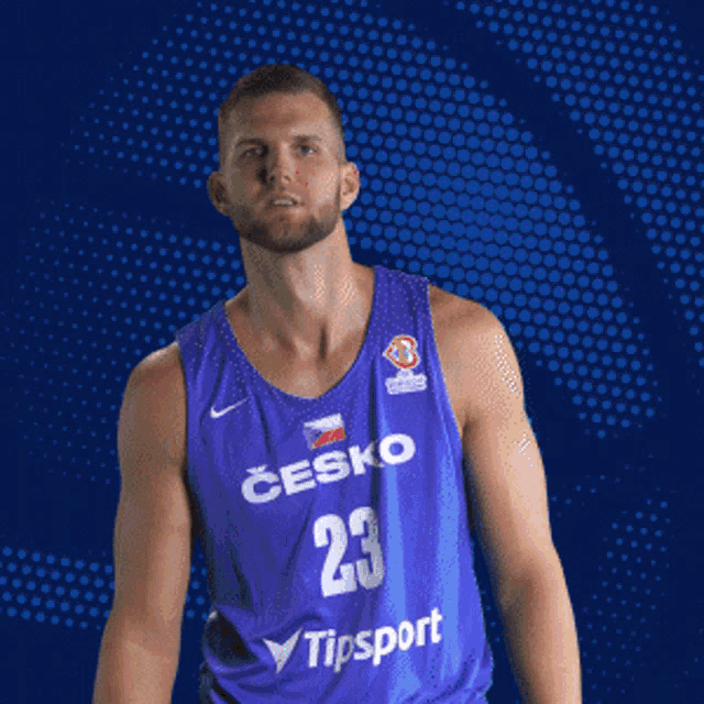 a man wearing a blue jersey that says ' czecho 23 tipsport ' on it
