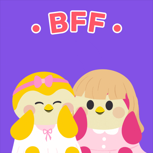 a penguin and a girl are standing next to each other and the word bff is on the purple background