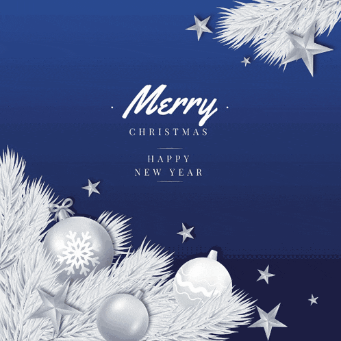 a merry christmas and happy new year greeting card with white christmas decorations