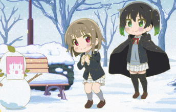 two anime girls standing next to a snowman
