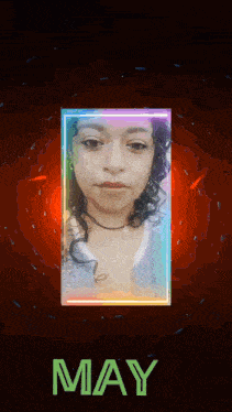 a woman 's face is surrounded by a rainbow colored frame and the word may