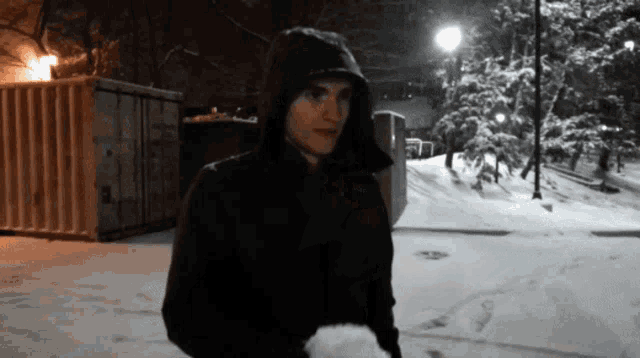 a man wearing a hooded jacket stands in the snow