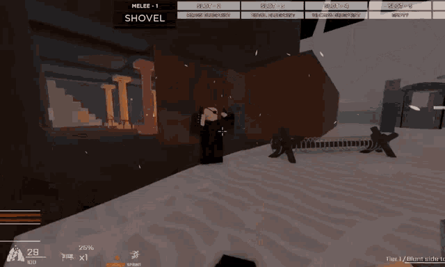 a person is playing a video game while holding a shovel and a gun .