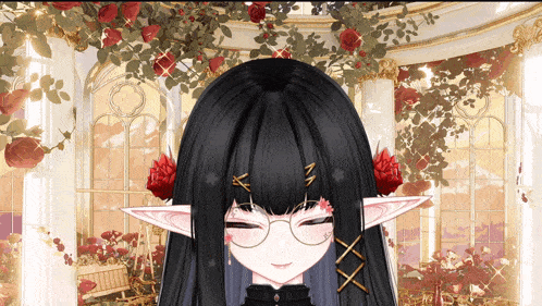 a girl with long black hair and glasses is standing in front of roses