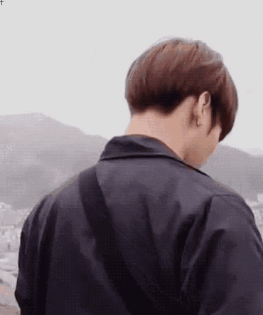a man in a black jacket is standing in front of a mountain and looking at the camera .