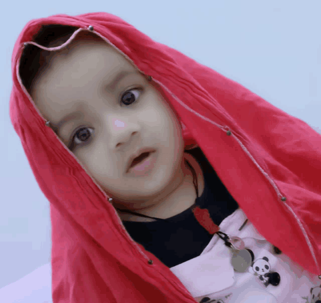 a baby wearing a red hooded jacket with a panda necklace