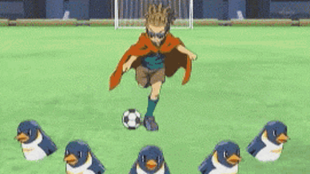 a penguin is flying in the air with a flame coming out of it .
