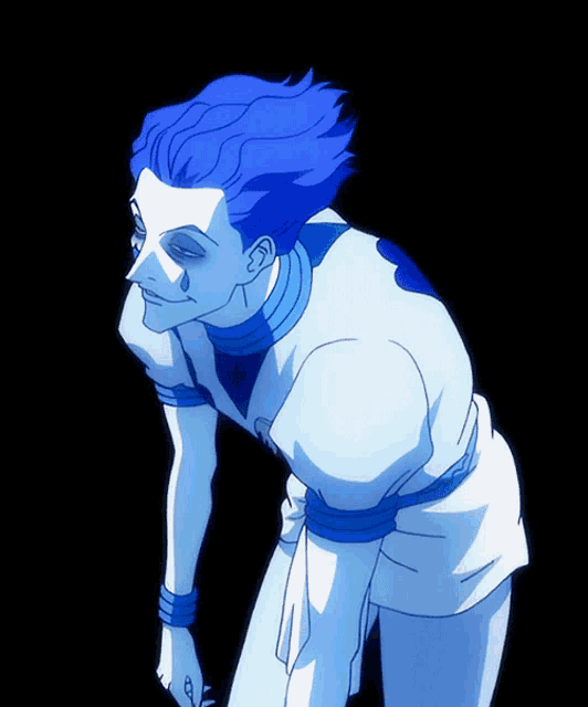a cartoon character with blue hair and a white shirt is looking down