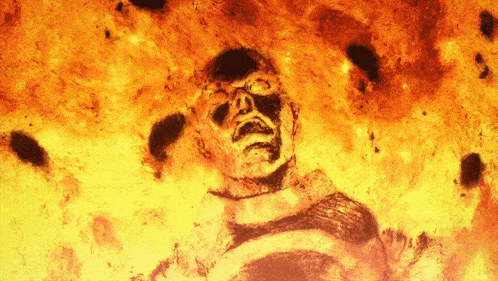a drawing of a man 's face is surrounded by flames and smoke
