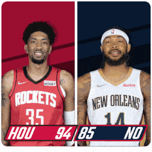 two basketball players from the rockets and new orleans are standing next to each other