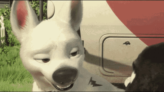 a close up of a cartoon dog with a lightning bolt on his shirt