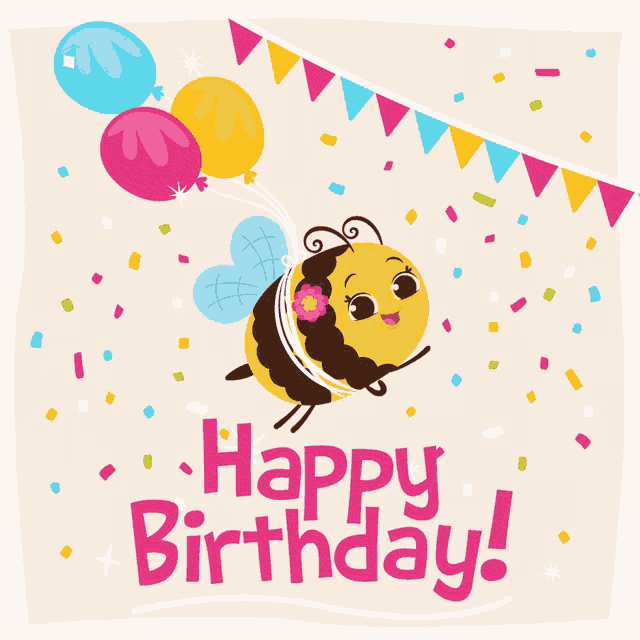 a birthday card with a bee holding three balloons and the words happy birthday