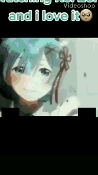 a close up of a girl 's face with the words `` and i love it '' written below it .