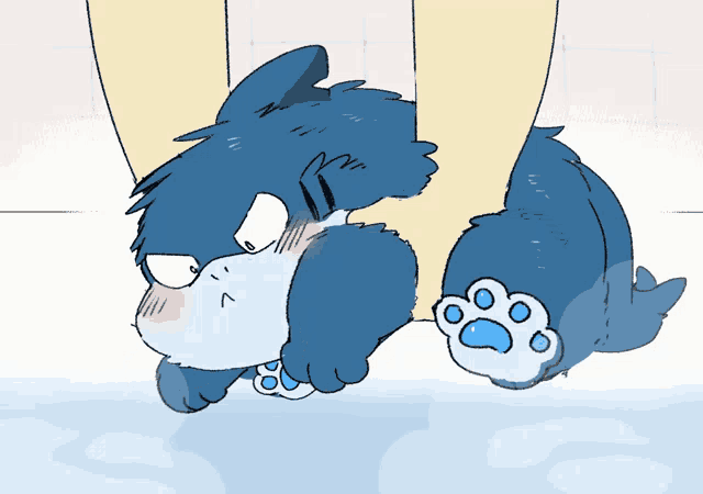 a cartoon drawing of a blue and white animal with paws