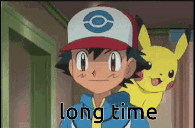 a cartoon of a boy and a pikachu with the words long time written below them