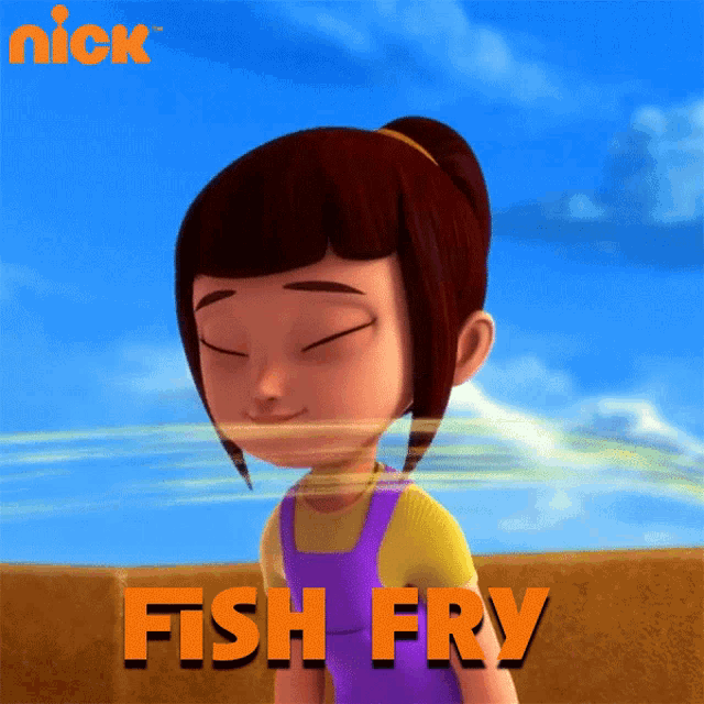 a girl with her eyes closed and the words fish fry above her