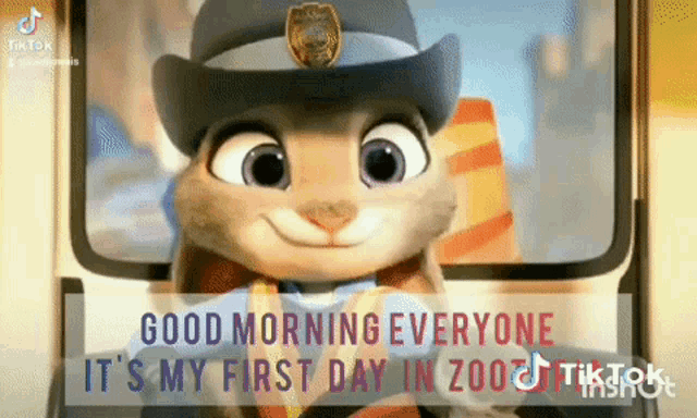 a cartoon character says good morning everyone it 's my first day in zootopia ..