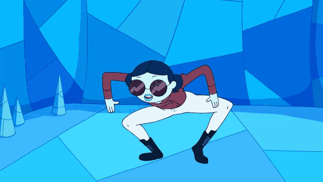 a cartoon character wearing sunglasses is standing on one leg on a blue background