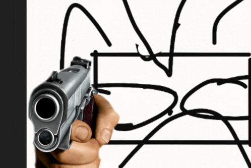 a hand is holding a gun in front of a drawing of the letter s.