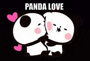 a couple of panda bears hugging each other with the words panda love written above them