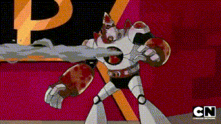 a cartoon character is holding a sword in front of a sign that says cn