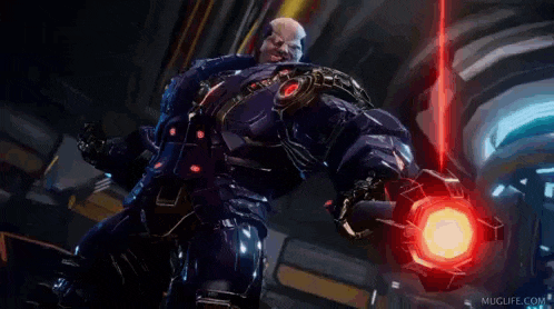 a video game character is holding a red object and says `` hey , get me out of here '' .