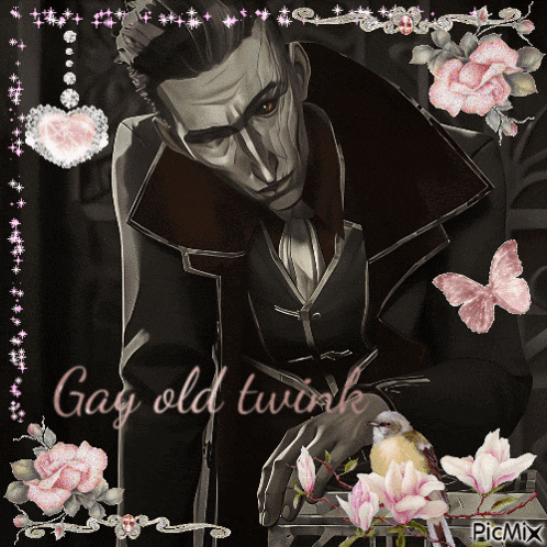 a picture of a man with the words gay old twink