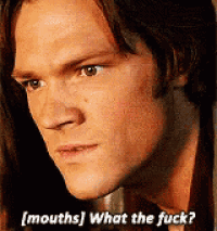 a close up of a man 's face with the words `` mouths what the fuck '' written on it .