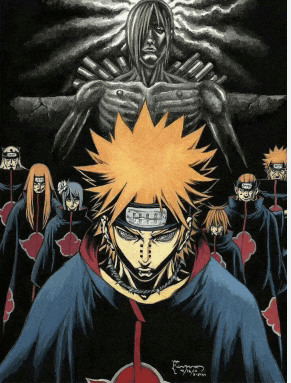 a group of anime characters are standing in a dark room and one of them has a bandage on his head that says pain