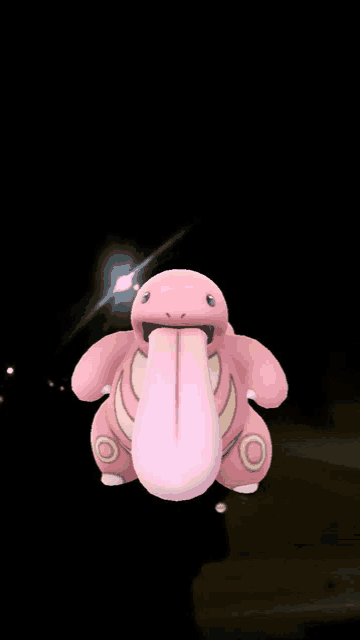 a pink cartoon character with its tongue out