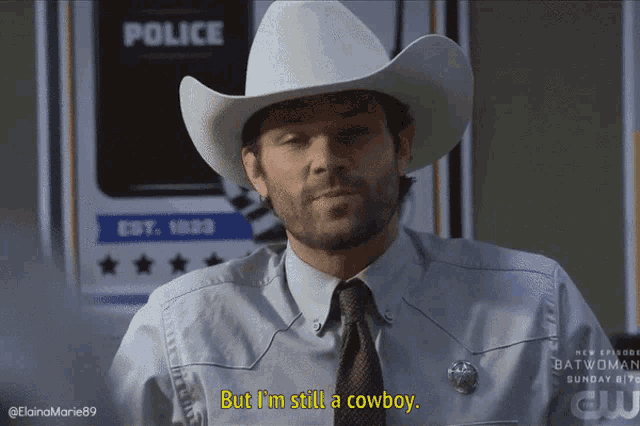 a man wearing a white cowboy hat says but i 'm still a cowboy