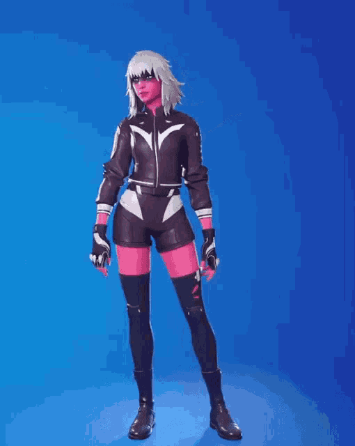 a woman in a pink and black outfit is standing in front of a blue background