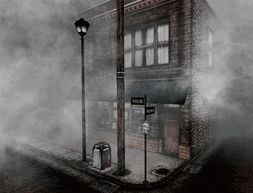 a black and white photo of a foggy street corner with a sign that says kille st
