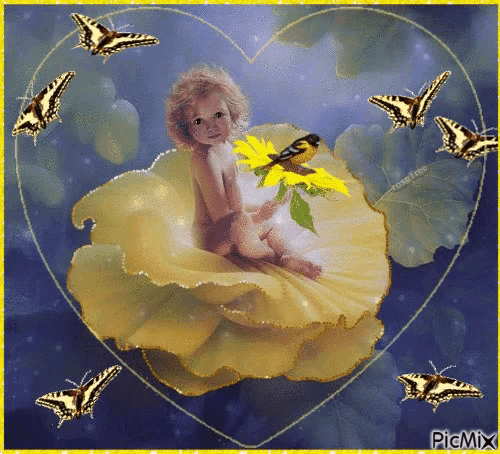 a little girl is sitting on a yellow flower with a bird and butterflies around her