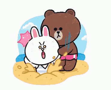 a brown bear carrying a white rabbit on the beach