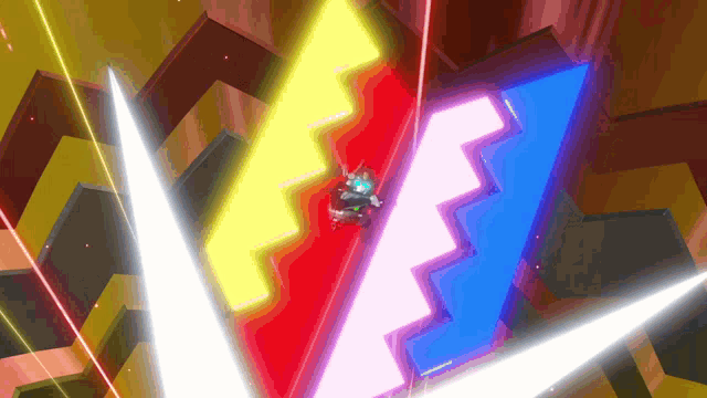 a cartoon character is flying through a maze with a red yellow and blue triangle in the middle