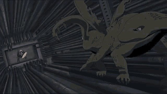 a monster is crawling through a tunnel with a person standing in the background