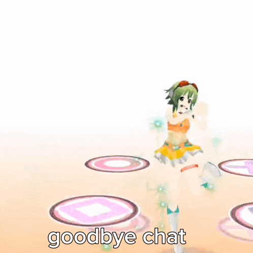 a girl is dancing in a video game with the words goodbye chat above her