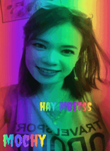 a picture of a girl with the words hay mottss mochy on her shirt
