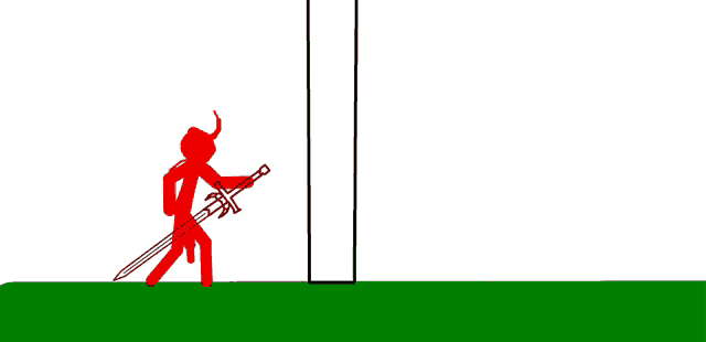 a red stick figure is holding a sword in front of a stack of black squares