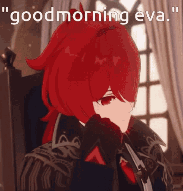 a red haired anime character with the words " good morning eva " above him
